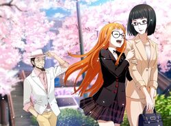  1boy 2girls beard black_eyes black_hair cherry_blossoms closed_eyes facial_hair father_and_daughter game_cg glasses hat isshiki_wakaba kabayashi_akane long_hair mature_female mother_and_daughter multiple_girls official_art orange_hair outdoors pants persona persona_5 persona_5_the_royal plaid plaid_skirt sakura_futaba sakura_soujirou school_uniform short_hair shuujin_academy_school_uniform skirt spoilers 