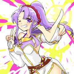  armor belt dress female fingerless_gloves fire_emblem fire_emblem:_genealogy_of_the_holy_war gloves hairband jewelry long_hair one_eye_closed ponytail purple_eyes purple_hair ring shoulder_armor smile solo tailtiu_(fire_emblem) v yukia_(firstaid0) 