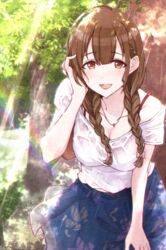  :d absurdres ahoge blurry blush bokeh bow bra_strap braid breasts cleavage collarbone commentary_request depth_of_field female forest glint grass hair_ornament hairbow hairpin hand_in_own_hair hand_on_own_thigh highres idolmaster idolmaster_shiny_colors jewelry kusaka_io kuwayama_chiyuki leaning_forward looking_at_viewer medium_breasts nature necklace open_mouth outdoors print_skirt rainbow see-through shirt short_sleeves skirt smile solo sunlight twintails water_drop wet wet_clothes wet_shirt 