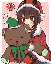  ! absurdres black_hair commentary_request female hat highres kono_subarashii_sekai_ni_shukufuku_wo! megumin patterned_background red_eyes santa_costume santa_hat short_hair spoken_exclamation_mark stuffed_animal stuffed_toy teddy_bear translated yuno_(suke_yuno) 