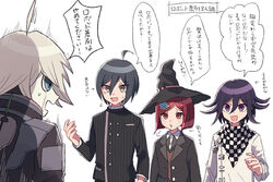  3boys :d ahoge android black_hair black_headwear black_jacket checkered_clothes checkered_scarf commentary_request danganronpa_(series) danganronpa_v3:_killing_harmony female hair_between_eyes hair_ornament hairclip hat jacket k1-b0 long_sleeves looking_at_viewer multiple_boys nanao_(nanao1023) oma_kokichi open_clothes open_jacket open_mouth profile purple_eyes purple_hair red_hair red_shirt saihara_shuichi scarf shirt short_hair simple_background smile speech_bubble straitjacket striped_clothes striped_jacket translation_request upper_body white_background white_jacket witch_hat yumeno_himiko 