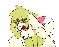  alistorial anthro anthrofied bell breasts collar digital_media_(artwork) elia_(alistorial) eyewear featureless_breasts female fur generation_4_pokemon glasses green_body green_eyes green_fur legendary_pokemon mammal new_year_2022 nintendo pokemon pokemon_(species) pokemorph shaymin simple_background sky_forme_shaymin solo watermark white_body white_fur 