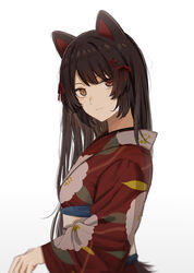  animal_ears brown_hair closed_mouth dog_ears female floral_print flower from_side hair_flower hair_ornament hair_ribbon heterochromia highres ibuki_(ibuki0118) inui_toko japanese_clothes kimono long_hair long_sleeves looking_at_viewer looking_to_the_side nijisanji official_alternate_costume official_alternate_hairstyle print_kimono red_eyes red_kimono red_ribbon ribbon solo upper_body virtual_youtuber yellow_eyes 