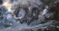  claws cloud cloudy_sky commentary_request creature dragon dragon_tail eastern_dragon fantasy flying hayaken_sarena monster no_humans ocean open_mouth original outdoors rain scales sky storm tail water wind 