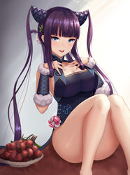  abeen_jhong absurdres bare_legs bare_shoulders black_dress blue_eyes blunt_bangs blush breasts china_dress chinese_clothes cleavage convenient_leg detached_sleeves dress fate/grand_order fate_(series) female gradient_background hair_ornament hands_on_own_chest highres knees_up large_breasts leaf_hair_ornament long_hair looking_at_viewer lychee open_mouth photoshop_(medium) plate purple_hair side_slit sidelocks sitting smile solo thighs twintails very_long_hair yang_guifei_(fate) yang_guifei_(second_ascension)_(fate) 