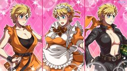  alternate_costume april_fools belt black_belt blonde_hair blue_eyes breasts cleavage dougi enmaided female genderswap_(mtf) helmet highres maid martial_arts_belt miru_(mill_36) multiple_views rule_63 ryou_sakazaki ryuuko_no_ken scarf short_hair sparkle star_(symbol) the_king_of_fighters twitter_username undershirt 