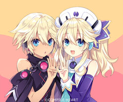  2girls :d bare_shoulders blonde_hair blue_eyes blue_necktie blush circuit_board commentary_request croire dark-skinned_female dark_skin detached_sleeves dress hair_between_eyes hand_up hat histoire long_hair looking_at_viewer milestone_celebration multiple_girls necktie neptune_(series) official_art open_mouth purple_dress shin_jigen_game_neptune_vii short_hair shoulder-to-shoulder smile tsunako twintails upper_body w 