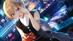  black_dress blonde_hair box breasts cityscape commentary_request dress earrings female fur_collar game_cg gift gift_box hair_ornament highres idolmaster idolmaster_shiny_colors jewelry md5_mismatch official_art purple_eyes resized saijo_juri shawl short_hair small_breasts solo star_(symbol) star_earrings star_hair_ornament third-party_source tomari_(veryberry00) upscaled 