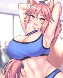  2020 abs absurdres alternate_hairstyle animal_ear_fluff animal_ears armpits arms_behind_head arms_up bouncing_breasts breasts cleavage fate/extella fate/extra fate/grand_order fate_(series) female fox_ears fox_girl fox_tail groin highres jifuwabe large_breasts long_hair looking_at_viewer navel oerba_yun_fang pink_hair ponytail skin_fang solo sports_bra steam sweat tail tamamo_(fate) tamamo_no_mae_(fate/extra) yellow_eyes 