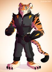  2022 absurd_res anthro biceps biped black_body black_fur black_stripes clothed clothing digital_drawing_(artwork) digital_media_(artwork) ear_piercing ear_ring epic_games feet felid fortnite fur gradient_background hi_res leo-wolf looking_at_viewer male mammal muscular muscular_anthro muscular_male orange_body orange_fur oscar_(fortnite) pantherine piercing plantigrade pose ring_piercing simple_background smile solo standing striped_body striped_fur stripes teeth tiger white_body white_fur 