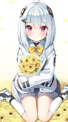  admi_(nikke) ahoge bouquet bow closed_mouth collared_shirt commentary_request drawstring female flower goddess_of_victory:_nikke grey_hair grey_skirt hair_between_eyes highres hood hood_down hooded_jacket hugging_object jacket long_sleeves looking_at_viewer ominaeshi_(takenoko) open_clothes open_jacket petals plaid plaid_skirt pleated_skirt puffy_long_sleeves puffy_sleeves red_eyes shirt shoes sitting skirt sleeves_past_wrists smile socks solo wariza white_background white_footwear white_jacket white_shirt white_socks yellow_bow yellow_flower 