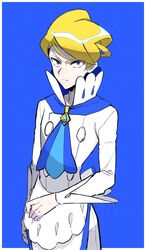  1boy apron ascot blonde_hair blue_ascot blue_background blue_eyes border closed_mouth commentary_request high_collar highres long_sleeves looking_at_viewer male_focus mikanbako_(aitatadon3) outside_border pants pokemon pokemon_xy shirt short_hair siebold_(pokemon) simple_background solo white_border white_pants white_shirt 