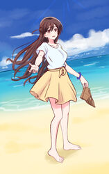  absurdres barefoot beach blouse blue_sky boots brown_eyes brown_footwear brown_hair cloud commentary_request day dutch_angle female full_body half_updo highres kanojo_okarishimasu long_hair looking_at_viewer mizuhara_chizuru noraneko_(threemoon1111) outdoors shirt skirt sky smile solo standing swimsuit unworn_boots white_shirt yellow_skirt 