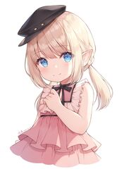  ayuanlv black_bow black_hat blonde_hair blue_eyes bow braid closed_mouth commentary cropped_torso dated dress female final_fantasy final_fantasy_xiv flat_cap hand_up hat highres lalafell layered_dress long_hair looking_at_viewer low_twintails pink_dress pleated_dress pointy_ears signature simple_background sleeveless sleeveless_dress smile solo symbol-only_commentary twintails upper_body warrior_of_light_(ff14) white_background 