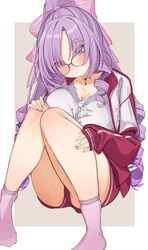  absurdres ass bow breasts choco_tanuki cleavage closed_mouth drill_hair female glasses hairbow highres hyakumantenbara_salome hyakumantenbara_salome_(casual) jacket knees_up large_breasts legs long_hair long_sleeves nijisanji no_shoes pink_bow pink_socks purple_eyes purple_hair red_jacket shirt socks solo track_jacket virtual_youtuber white_shirt 