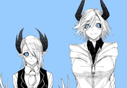  2girls age_progression april_fools black_horns black_shirt black_vest blue_background blue_eyes breasts colored_skin demon_girl demon_horns dolores_(mazohaha) frown height_difference highres hood hoodie horns irasrgsmk jacket large_breasts limited_palette mature_female medium_hair multiple_girls musuko_ga_kawaikute_shikatanai_mazoku_no_hahaoya pointy_ears protected_link shirt siblings sisters smile teresa_(mazohaha) vest white_hair white_jacket white_skin zipper_pull_tab 