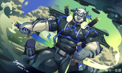  1boy absurdres animal_ears bara beard black_bodysuit bodysuit bulge commission covered_abs covered_navel dual_wielding dutch_angle facial_hair feet_out_of_frame fiery_headphones flaming_sword flaming_weapon forgetch_(chen0for) furry furry_male grey_fur highres holding katana large_bulge large_pectorals latex looking_at_viewer male_focus mature_male muscular muscular_male original pectorals sheath short_hair sideburns skin_tight smirk solo sword tail thick_thighs thighs tiger_boy tiger_ears tiger_tail unsheathing uutiger weapon weibo_logo weibo_watermark white_hair 