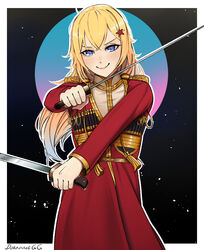  artist_name blonde_hair blue_eyes blush closed_mouth commission darkpulsegg english_commentary female girls&#039;_frontline hair_ornament holding holding_sword holding_weapon lips long_hair looking_at_viewer moon mosin-nagant_(girls&#039;_frontline) red_uniform saber_(weapon) shashka simple_background smile solo standing star_(symbol) star_hair_ornament sword uniform weapon 