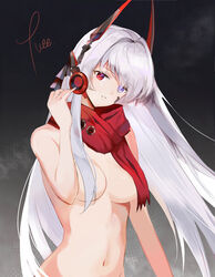  absurdres alpha_(punishing:_gray_raven) bandaid bandaid_on_cheek bandaid_on_face black_background blue_eyes chinese_commentary commentary cookieyuee female grey_hair hair_censor headgear headphones heterochromia highres long_hair lucia:_crimson_abyss_(punishing:_gray_raven) naked_scarf navel nude parted_lips punishing:_gray_raven red_eyes red_scarf scarf signature solo very_long_hair 