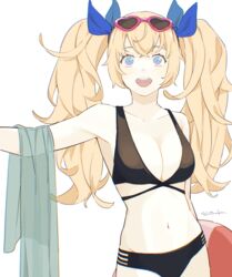  alternate_costume bare_arms bare_shoulders bikini black_bikini blonde_hair blue_eyes blue_ribbon blush breasts cleavage cowboy_shot eyewear_on_head female gambier_bay_(kancolle) hair_between_eyes hair_ribbon heart heart-shaped_eyewear highres ichiroku_(sakumogu-029) kantai_collection large_breasts lifebuoy long_hair looking_at_viewer navel open_mouth ribbon simple_background smile solo sunglasses swim_ring swimsuit twintails white_background 