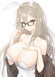  absurdres akane_(blue_archive) akane_(bunny)_(blue_archive) animal_ears bad_id bad_twitter_id bare_arms bare_shoulders black-framed_eyewear blue_archive breasts brown_eyes brown_hair cleavage closed_mouth collarbone fake_animal_ears female glasses hair_between_eyes hairband hand_on_own_chest hand_up hands_up highres large_breasts leotard long_hair looking_at_viewer looking_over_eyewear official_alternate_costume plaid playboy_bunny rabbit_ears raku_(clearpage) shawl simple_background smile solo strapless strapless_leotard upper_body white_background white_leotard 