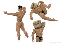  &gt;_&lt; 1boy abs absurdres arms_behind_head ass bara biceps black_male_underwear box box_on_head briefs bulge cardboard_box collage cropped_legs drawing fang_out from_behind frown highres huang_ji_shui_yang_suan large_pectorals long_sideburns male_focus male_underwear muscular muscular_male navel nipples oerba_yun_fang original pectorals short_hair sideburns snout spread_legs stomach thighs topless_male underwear underwear_only 