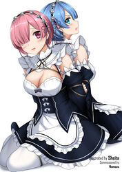  2girls alternate_breast_size apron arms_behind_back artist_name blue_eyes blue_hair blush bondage bound breasts cleavage commentary_request commission detached_collar detached_sleeves dress frilled_dress frills hair_over_one_eye hairband highres large_breasts looking_at_viewer maid medium_breasts multiple_girls open_mouth pantyhose ram_(re:zero) re:zero_kara_hajimeru_isekai_seikatsu red_eyes red_hair rem_(re:zero) rope roswaal_mansion_maid_uniform sheita shibari_over_clothes short_hair siblings simple_background sisters sitting swept_bangs twins waist_apron white_background white_legwear yokozuwari 