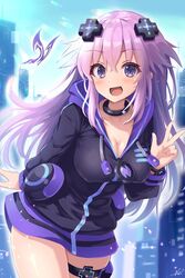  adult_neptune blush breasts choker cleavage croire d-pad d-pad_hair_ornament female hair_between_eyes hair_ornament holster jacket kazuneko_(wktk1024) long_hair looking_at_viewer medium_breasts neptune_(series) open_mouth outdoors purple_eyes purple_hair shin_jigen_game_neptune_vii smile solo thigh_holster thigh_strap v very_long_hair zipper 