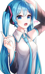  39 :o absurdres arm_up blue_eyes blue_hair blue_nails blue_necktie breasts collared_shirt commentary detached_sleeves female grey_sleeves hair_between_eyes hair_ornament hatsune_miku highres ille_(xcpa7325) long_hair long_sleeves medium_breasts nail_polish necktie open_mouth shirt simple_background sleeveless sleeveless_shirt solo twintails upper_body very_long_hair vocaloid white_background white_shirt wing_collar 