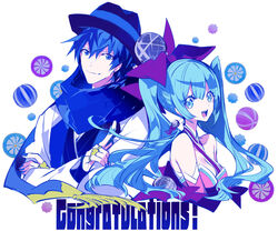  1boy aqua_eyes aqua_hair ball bare_shoulders beachball blue_eyes blue_hair blue_nails blue_scarf bow coat commentary congratulations crossed_arms detached_sleeves disco_ball dress fedora female hairbow hat hatsune_miku highres index_finger_raised japanese_clothes jewelry kaito_(vocaloid) kimono long_hair looking_at_viewer manbou_no_ane ooedo_julia_night_(vocaloid) open_mouth ring scarf smile spiral strapless strapless_dress twintails upper_body very_long_hair vocaloid wheel white_background white_coat yukata 