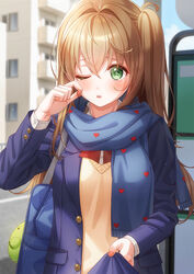  ;o apartment arm_up bad_id bad_pixiv_id bag blue_bow blue_jacket blue_scarf blue_sky blush bow bowtie brown_hair brown_vest building female finger_to_eye green_eyes hair_ornament heart heart_print highres jacket jacket_tug long_hair long_sleeves looking_at_viewer one_eye_closed one_side_up open_clothes open_jacket open_mouth original outdoors photoshop_(medium) pocket pov red_bow red_bowtie scarf school_bag school_uniform sky stuffed_toy tears teeth tug unjem upper_body upper_teeth_only vest wiping_tears 