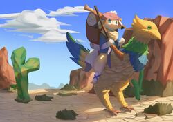  2018 absurd_res ambiguous_gender anthro avian backpack bandana beak bedroll bird blue_body blue_clothing blue_eyes blue_feathers blue_shirt blue_sky blue_topwear cactus chocobo clothing cloud cracked_ground day desert detailed_background dipstick_ears dipstick_tail duo ear_markings ears_down feathered_crest feathers feral final_fantasy green_body green_eyes green_feathers gun hat hauhau_mg head_crest headgear headwear hi_res holding_gun holding_object holding_ranged_weapon holding_reins holding_rifle holding_weapon kerchief light lighting mammal markings mount multicolored_ears outside pivoted_ears plant ranged_weapon reins riding rifle shirt sky square_enix straddling tail tail_feathers tail_markings tan_bandanna tan_kerchief topwear unknown_species weapon yellow_beak yellow_body yellow_feathers 