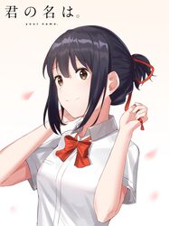  black_hair breasts brown_eyes commentary_request copyright_name enpido female hair_ribbon highres kimi_no_na_wa. looking_at_viewer medium_breasts miyamizu_mitsuha red_ribbon ribbon school_uniform shirt short_sleeves smile solo upper_body white_shirt 