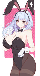  absurdres alternate_costume animal_ears azur_lane bare_shoulders black_bow black_bowtie black_leotard black_pantyhose blue_hair blunt_bangs blush border bow bowtie breasts cleavage closed_mouth commentary covered_navel cowboy_shot detached_collar dido_(azur_lane) fake_animal_ears fake_tail female gloves hand_up highleg highleg_leotard highres huge_breasts leotard light_blue_hair londom_(lonhomewell) long_hair looking_at_viewer pantyhose pink_pupils playboy_bunny purple_eyes rabbit_ears rabbit_tail smile solo standing strapless strapless_leotard tail thighband_pantyhose white_border white_gloves wrist_cuffs 