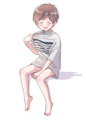  1boy barefoot blush brown_hair closed_eyes collar_tug commentary_request full_body hand_up highres male_focus naked_shirt open_mouth original oversized_clothes oversized_shirt piko_(pixiv) shadow shirt short_sleeves simple_background sitting smile solo t-shirt white_background 