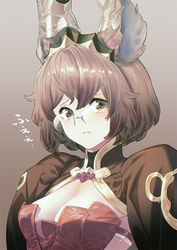  animal_ears breasts brown_eyes brown_hair cleavage constance_(granblue_fantasy) erune female glasses granblue_fantasy highres looking_at_viewer medium_breasts rimless_eyewear shimotsuki_eight short_hair solo tiara upper_body 