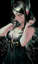  arknights arms_up black_dress black_hair breasts chest_belt cleavage demon_horns dress evening_gown female hand_in_own_hair highres horns ines_(arknights) long_hair makkuro sleeveless sleeveless_dress slit_pupils upper_body yellow_eyes 