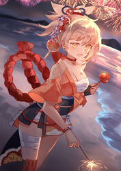  absurdres aerial_fireworks aihara_(aiharaorenji) bandages beach blonde_hair breasts candy_apple choker cleavage female fireworks food genshin_impact hair_ornament highres japanese_clothes kimono medium_breasts night night_sky orange_eyes sarashi sky smile solo sparkler tied_hair yoimiya_(genshin_impact) 