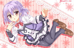  1boy artist_name asuka_minato black_pantyhose braid brown_footwear commentary_request crossdressing floral_background fuyukichi_(nikoniko1567) highres loafers male_focus open_mouth otoko_no_ko otome_domain pantyhose purple_hair red_eyes red_ribbon ribbon school_uniform shoes short_hair skirt solo 