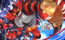  @_@ audience championship_belt claws colored_sclera commentary furry glint green_eyes grin highres holding incineroar lens_flare light looking_at_viewer lying machamp muscular on_back pokemon pokemon_(creature) sharp_teeth smile spread_legs sweat tapioka_chaso teeth unconscious wet wrestling_ring yellow_sclera 