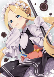  abigail_williams_(fate) abigail_williams_(festival_outfit)_(fate) black_dress blonde_hair blue_eyes blush braid butterfly_hair_ornament collared_shirt commentary_request dress fate/grand_order fate_(series) female forehead hair_ornament hand_up holding keyhole long_hair long_sleeves looking_away maid maid_headdress natsume_eri official_alternate_costume open_mouth parted_bangs shirt sidelocks sleeveless sleeveless_dress sleeves_past_fingers sleeves_past_wrists smile solo stuffed_animal stuffed_toy teddy_bear very_long_hair white_shirt 