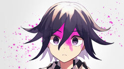  1boy black_hair blood blood_on_face checkered_clothes checkered_scarf commentary_request danganronpa_(series) danganronpa_v3:_killing_harmony frown grey_background hair_between_eyes looking_at_viewer male_focus nanao_(nanao1023) oma_kokichi petals pink_blood portrait purple_eyes purple_hair scarf short_hair simple_background solo 