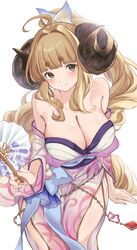  absurdres ahoge alternate_hairstyle anila_(granblue_fantasy) anila_(yukata)_(granblue_fantasy) arm_at_side bare_shoulders belly_chain blonde_hair blue_bow blue_ribbon blunt_bangs blush bow breasts brown_eyes cleavage closed_mouth collarbone commentary_request curled_horns draph feet_out_of_frame female granblue_fantasy hair_intakes hair_over_shoulder hair_ribbon hairbow hand_fan head_tilt highres holding holding_fan horns hoshido1214 invisible_chair japanese_clothes jewelry kimono large_breasts long_hair looking_at_viewer obi off_shoulder paper_fan ponytail ribbon sash sheep_horns short_eyebrows short_kimono short_yukata side_slit sidelocks simple_background sitting smile solo thick_eyebrows very_long_hair waist_bow white_background white_bow white_kimono white_ribbon wide_sleeves yukata 