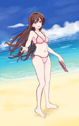  absurdres barefoot beach bikini blue_sky breasts brown_eyes brown_footwear brown_hair cleavage cloud commentary_request day dutch_angle female full_body half_updo highres kanojo_okarishimasu long_hair looking_at_viewer medium_breasts mizuhara_chizuru noraneko_(threemoon1111) outdoors pink_bikini sandals side-tie_bikini_bottom sky smile solo standing swimsuit unworn_sandals 