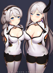  1nilla&#039; 2girls antenna_hair arms_behind_back blue_eyes blush braid breasts cecilia_schariac cleavage closed_mouth cosplay earrings hair_between_eyes hair_ornament highres honkai_(series) honkai_impact_3rd jewelry kiana_kaslana kiana_kaslana_(white_comet) kiana_kaslana_(white_comet)_(cosplay) long_hair looking_at_viewer mother_and_daughter multiple_girls smile sweat twin_braids white_hair 