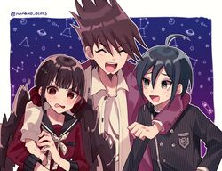  2boys :d ahoge arm_around_neck black_hair black_jacket blush border cassiopeia_(constellation) closed_eyes collarbone collared_shirt commentary_request constellation constellation_print danganronpa_(series) danganronpa_v3:_killing_harmony facial_hair female goatee hair_ornament hair_scrunchie hairclip harukawa_maki hug jacket long_sleeves low_twintails mole mole_under_eye momota_kaito multiple_boys nanao_(nanao1023) open_clothes open_mouth open_shirt orion_(constellation) pink_jacket red_eyes red_scrunchie red_shirt saihara_shuichi sailor_collar school_uniform scrunchie shirt short_hair smile space_print spiked_hair star_(symbol) starry_sky_print trembling twintails twitter_username white_border white_shirt 