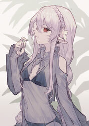  arknights bad_id bad_twitter_id bare_shoulders bikini black_bikini braid clothing_cutout commentary crown_braid female flower hair_between_eyes hair_flower hair_ornament hand_up highres kmkm_panna long_hair long_sleeves looking_at_viewer navel pointy_ears red_eyes see-through shoulder_cutout smile solo stomach swimsuit upper_body very_long_hair warfarin_(arknights) warfarin_(casual_vacation)_(arknights) white_flower white_hair 