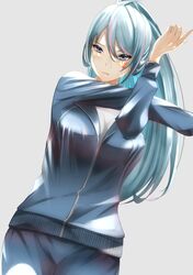  azura_cecillia blue_eyes blue_hair blue_jacket blue_pants breasts elvandec female grey_background highres jacket large_breasts multicolored_hair nijisanji nijisanji_id pants pink_hair shirt solo streaked_hair stretching track_jacket track_pants track_suit virtual_youtuber white_shirt worried 