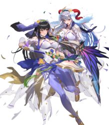  2girls animal_ears axe bare_shoulders basket battle_axe between_breasts black_hair blush breasts cleavage cuboon curled_horns fake_animal_ears fire_emblem fire_emblem:_the_blazing_blade fire_emblem_heroes flower freyja_(fire_emblem) freyja_(spring)_(fire_emblem) full_body gloves gold_trim grey_eyes high_heels highres holding holding_weapon horns karla_(fire_emblem) karla_(spring)_(fire_emblem) large_breasts leg_up leotard lips long_hair looking_away medium_breasts multiple_girls non-web_source official_art open_mouth pantyhose parted_lips rabbit_ears red_eyes see-through shiny_clothes skin_tight stuffed_animal stuffed_toy torn_clothes transparent_background weapon 