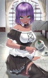  absurdres apron aqua_eyes black_choker black_dress black_thighhighs blunt_bangs bob_cut breasts choker dark-skinned_female dark_skin detached_collar dress egyptian female frilled_apron frills hairband highres large_breasts looking_at_viewer maid maid_apron maid_headdress menat pleated_skirt puffy_short_sleeves puffy_sleeves purple_hair sato_one1 short_hair short_sleeves sitting skirt solo street_fighter street_fighter_v tan teapot thighhighs waist_apron white_apron wrist_cuffs 